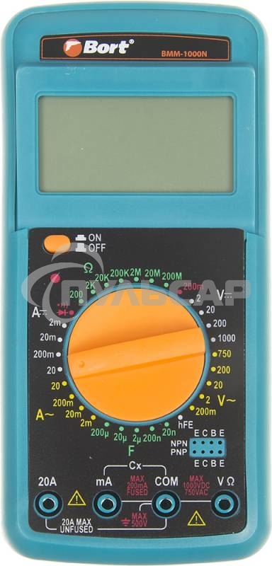 Мультиметр Bort BMM-1000N 91271143 Диапазон постоянного напряжения 0-1000 тип, диапазон постоянного тока 0-20 тип, диапазон переменного напряжения 0-750 тип, 0.3 кг, набор акс 4 шт