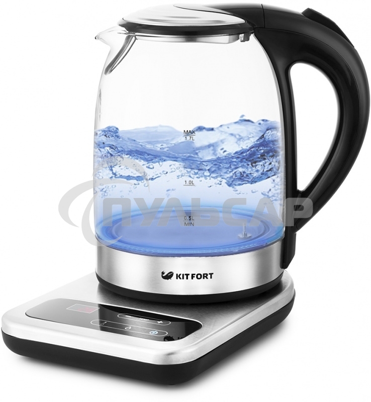 Чайник электрический Kitfort КТ-657, 1.7л, 2200Вт, (корпус: стекло), нержавеющая сталь/черный