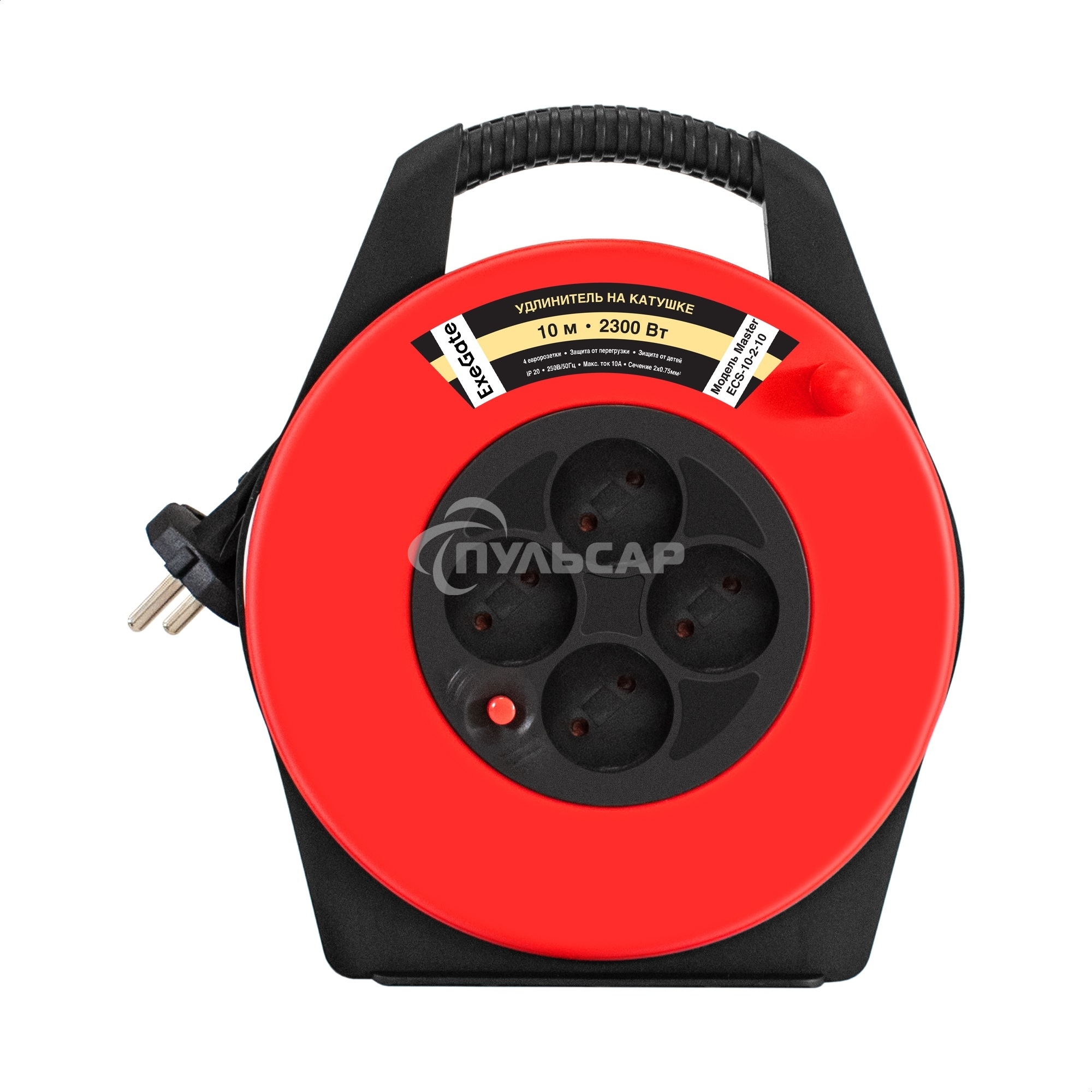 Удлинитель на катушке ExeGate Master ECS-10-2-10 (4 евророзетки, IP20, 10м, защита от детей, защита от перегрузки, 2х0,75мм2, 10А/2.3кВт)