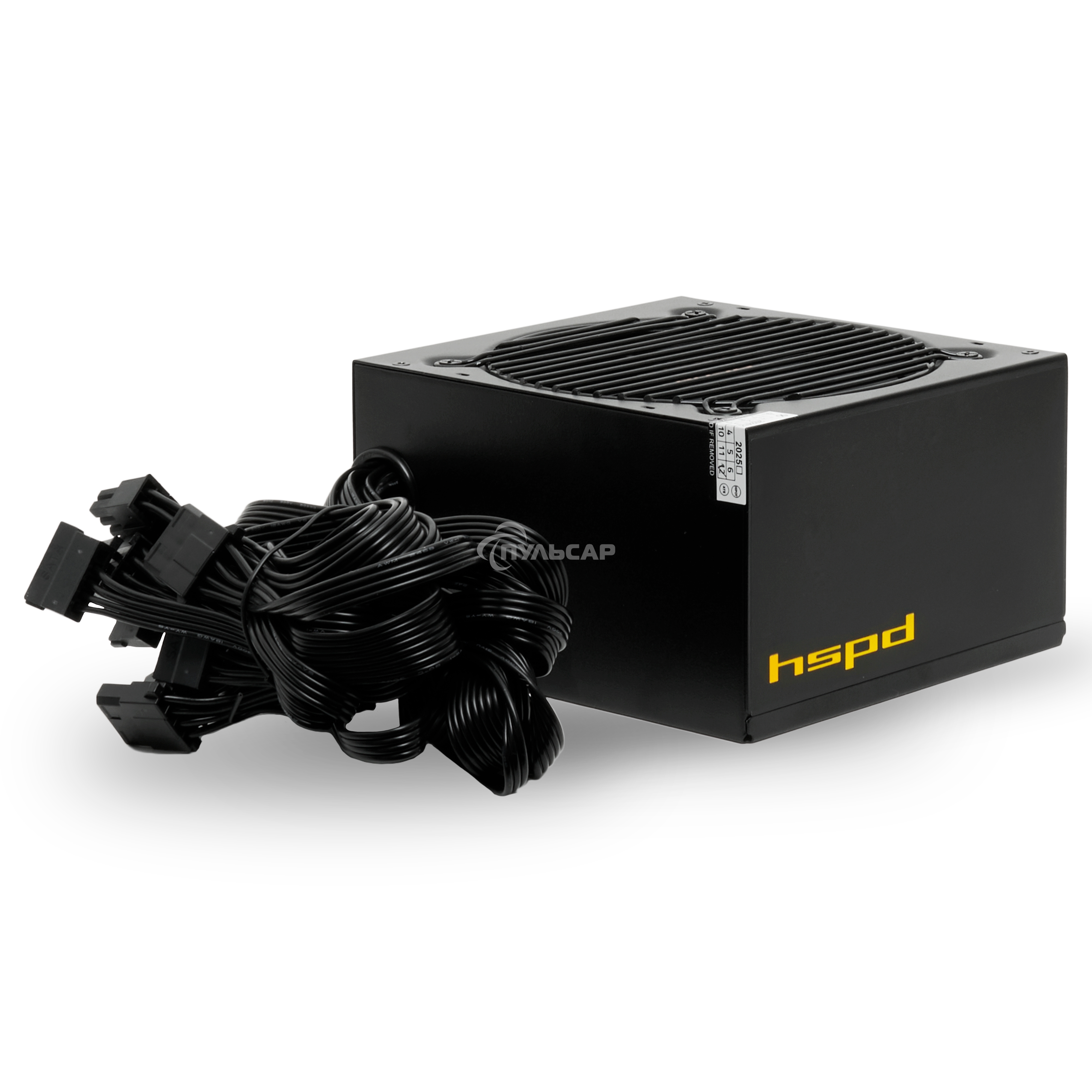 Блок питания HSPD, 600W 80 PLUS White (ATX, 2.52, Non-modular, 1x24(20+4)pin 500мм, 1xCPU 8(4+4)pin 550мм, 1xPCIe*2 8(6+2)pin 500+150мм, 2xSATA*3 400+150+150мм, 1xMOLEX4pin*3 400+150+150мм, Active, 120x120мм, 150x140x86мм, APFC, OVP, UVP, SCP, OPP, NLO, S