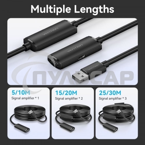 Активный кабель-удлинитель Vention USB 2.0 AM/AF с усилителем - 5м Черный