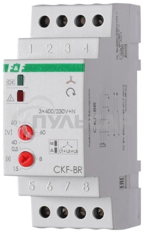Реле контроля наличия и чередования фаз CKF-BR (монтаж на DIN-рейке 35мм; регулировка порога отключения; регулировка времени отключения; 3х400/230+N 2х8А 1Z 1R IP20) F&F EA04.002.003