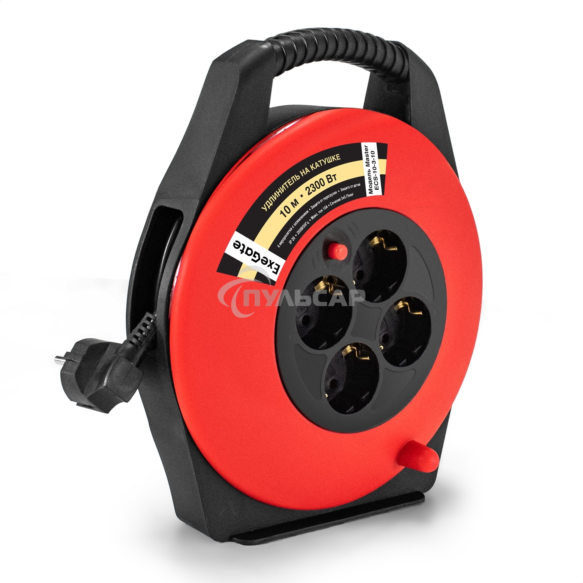 Удлинитель на катушке ExeGate Master ECS-10-3-10 (4 евророзетки с заземлением, IP20, 10м, защита от детей, защита от перегрузки, 3х0,75мм2, 10А/2.3кВт)