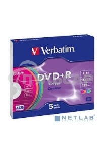 Диск DVD+R Verbatim 4.7Gb 16x Slim case (5шт) Color (43556)