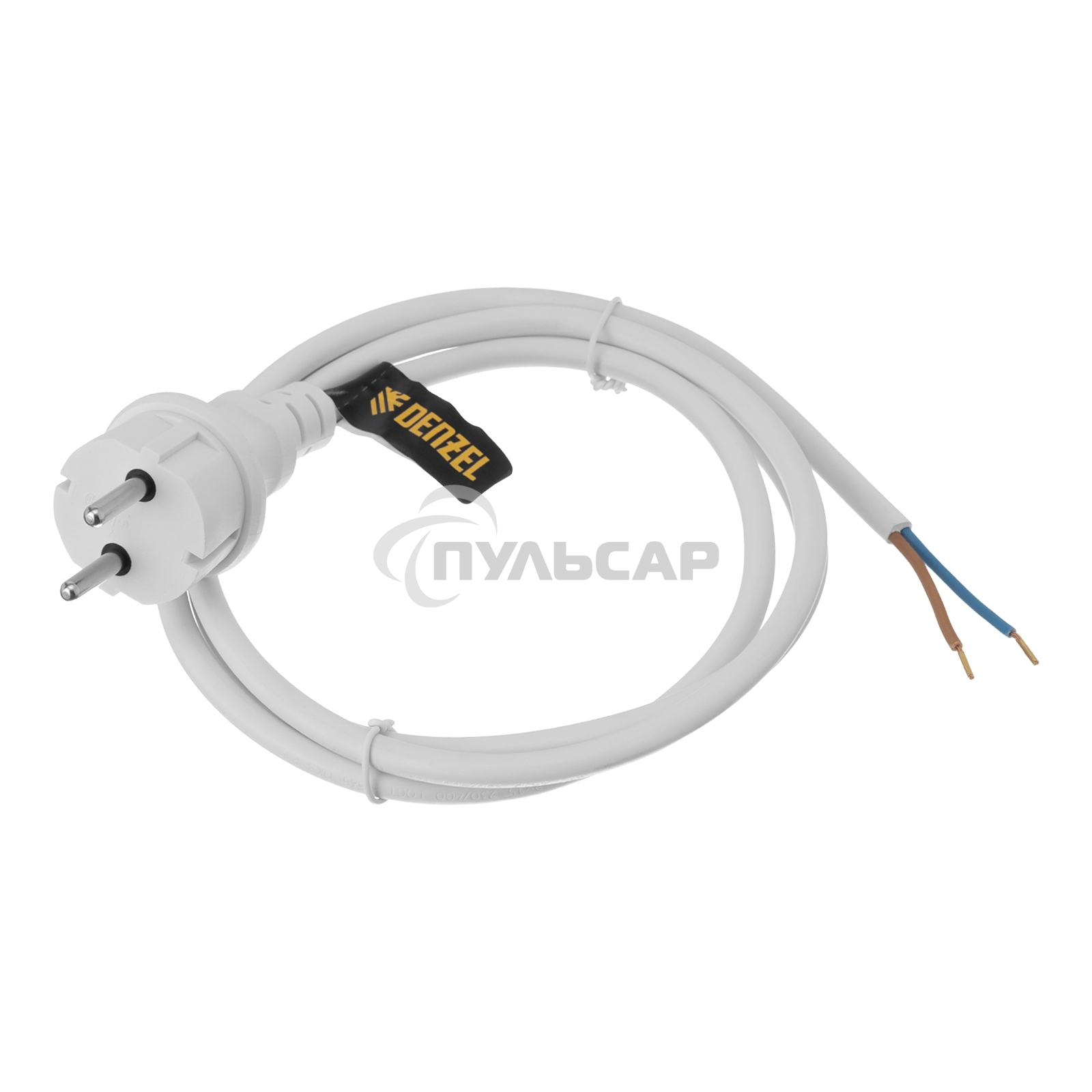 Шнур сетевой Energy Series, ПВС, 1,5 м, 2х1,5 мм, с неразборной вилкой, белый Denzel