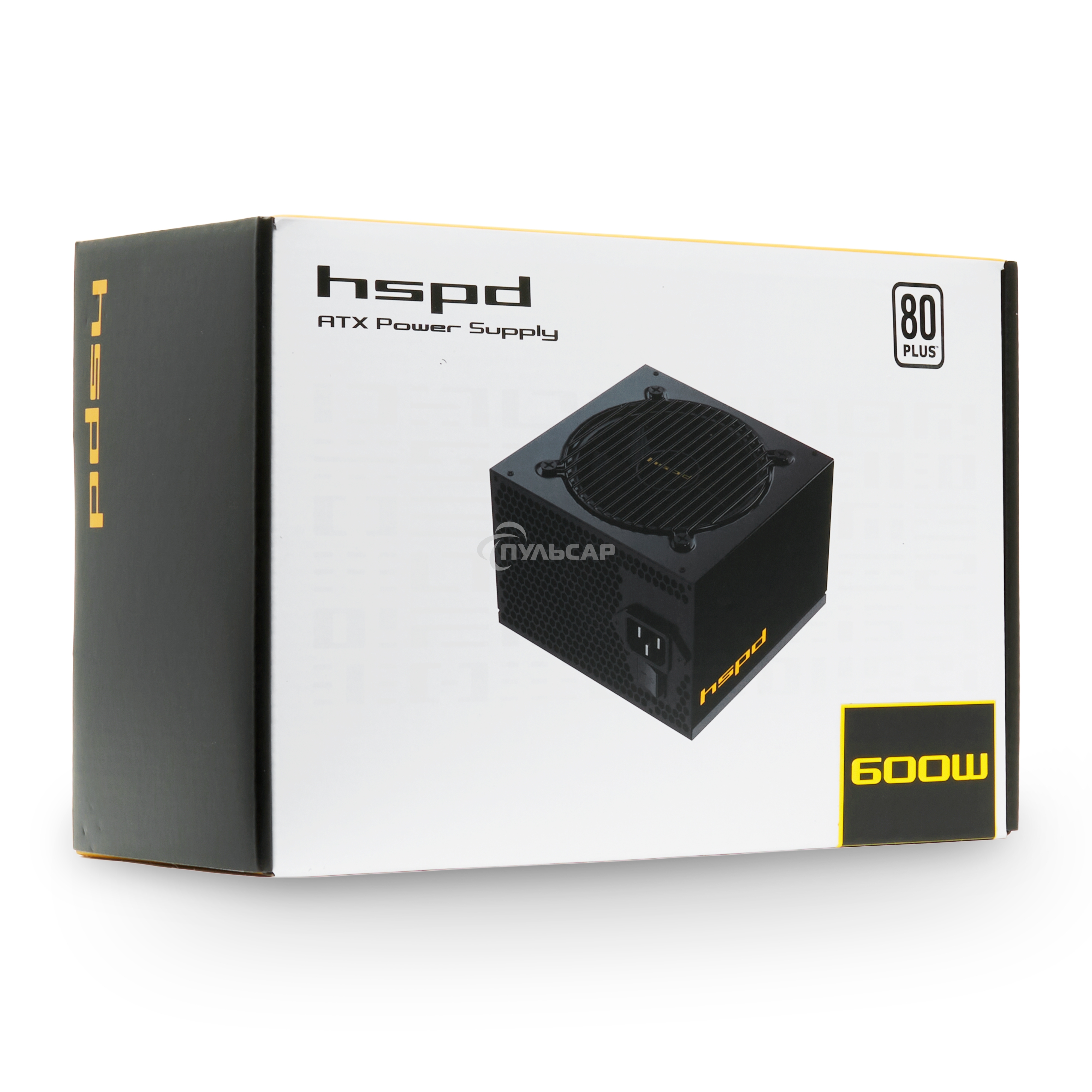 Блок питания HSPD, 600W 80 PLUS White (ATX, 2.52, Non-modular, 1x24(20+4)pin 500мм, 1xCPU 8(4+4)pin 550мм, 1xPCIe*2 8(6+2)pin 500+150мм, 2xSATA*3 400+150+150мм, 1xMOLEX4pin*3 400+150+150мм, Active, 120x120мм, 150x140x86мм, APFC, OVP, UVP, SCP, OPP, NLO, S