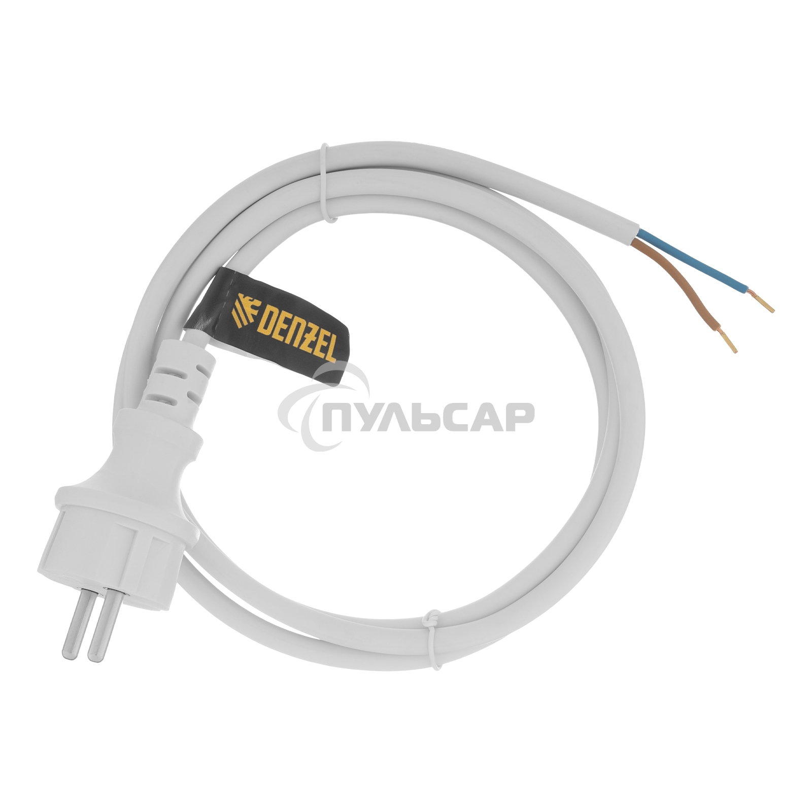 Шнур сетевой Energy Series, ПВС, 1,5 м, 2х1,5 мм, с неразборной вилкой, белый Denzel