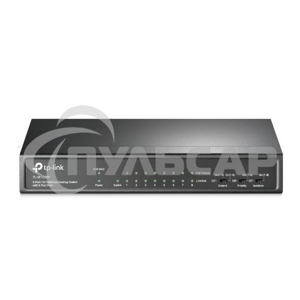 Коммутатор 9-port 10/100Mbps unmanaged switch with 8 PoE+ ports, compliant with 802.3af/at PoE, 65W PoE budget, support 250m Extend Mode, Priority mode and Isolation mode, desktop mount, plug and play.
