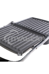 Гриль электрический Galaxy Line GL 2961, черный с серебристым, механическое управление, 2200 Вт, мраморное керамическое покрытие рабочей поверхности, корпус из нержавеющей стали, индикаторы сети и нагрева, регулятор температуры, лопатка и емкости для сбор