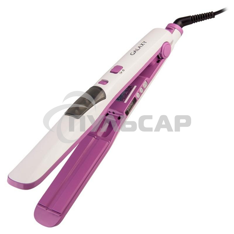 Щипцы для волос Galaxy Line GL 4516, фиолетовый, 45 Вт, максимальная температура 200°С, система ультразвукового распыления воды, съемный резервуар для воды, нагр. элемент с защитой от перегрева, пластины с керам. покрытием, ЖК-дисплей с индикацией темпера