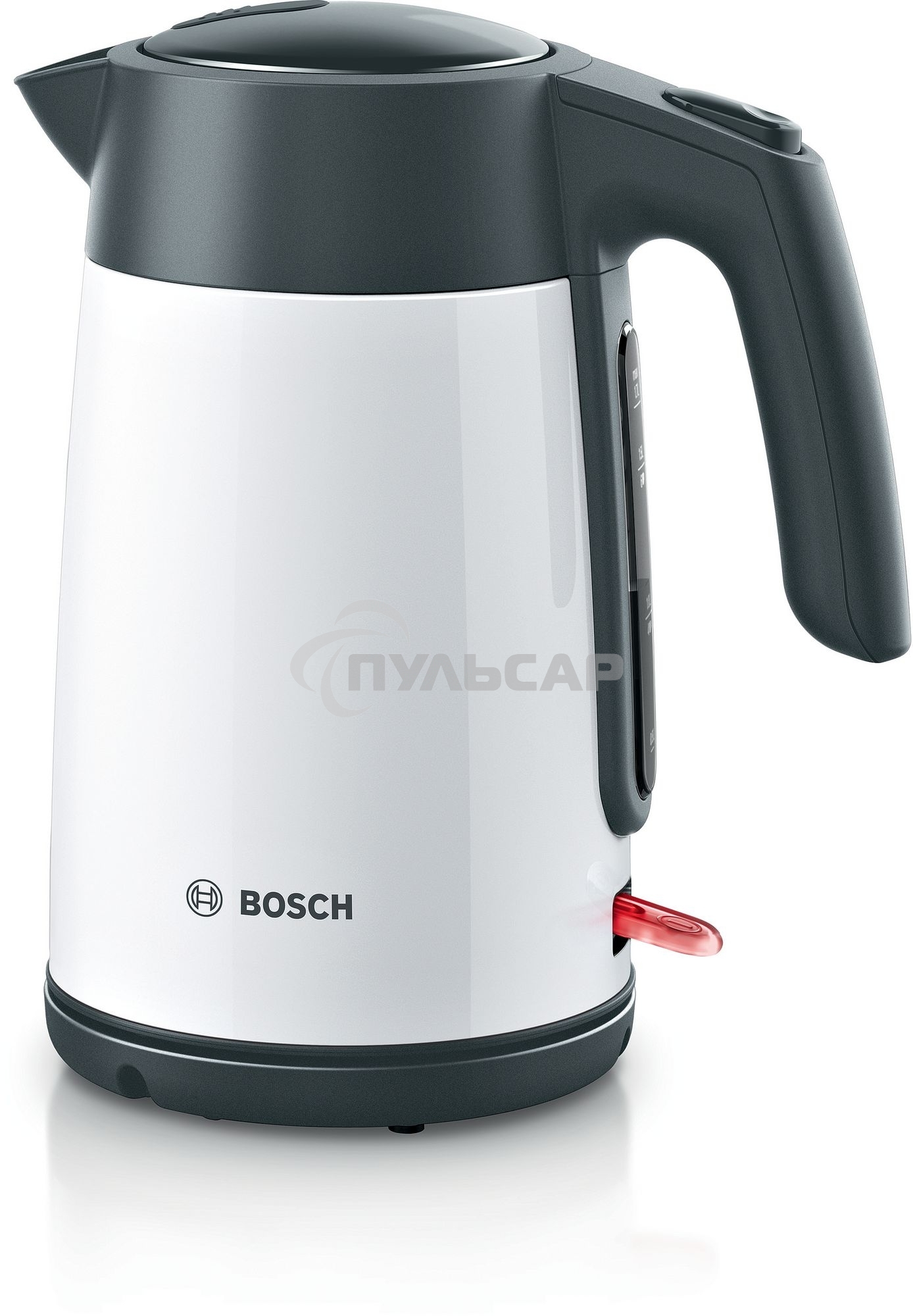 Чайник электрический Bosch TWK7L461, 1.7л, 2400 Вт., нерж.сталь, покрытая эмалью, белый,шкала уровня воды