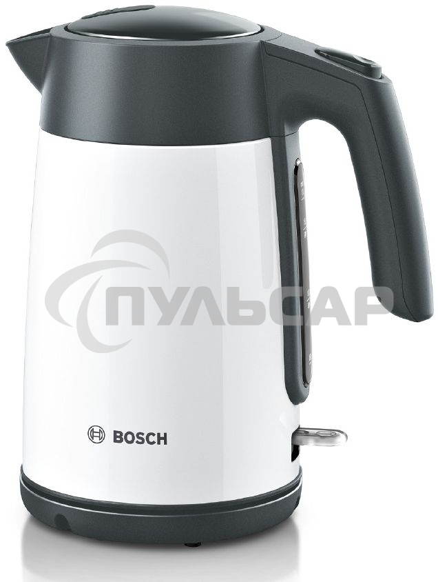 Чайник электрический Bosch TWK7L461, 1.7л, 2400 Вт., нерж.сталь, покрытая эмалью, белый,шкала уровня воды