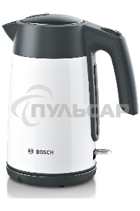 Чайник электрический Bosch TWK7L461, 1.7л, 2400 Вт., нерж.сталь, покрытая эмалью, белый,шкала уровня воды
