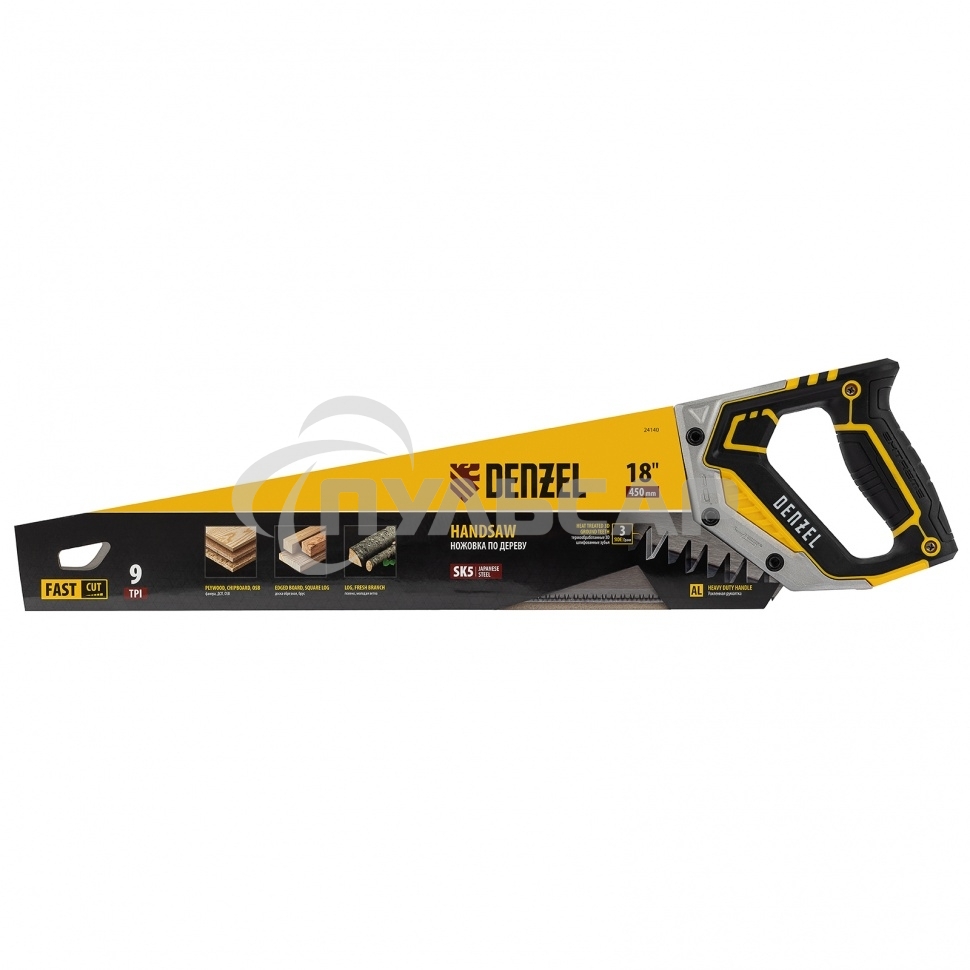 Ножовка по дереву, 450 мм, 9 TPI, зуб 3D, металлопластиковая рукоятка Denzel