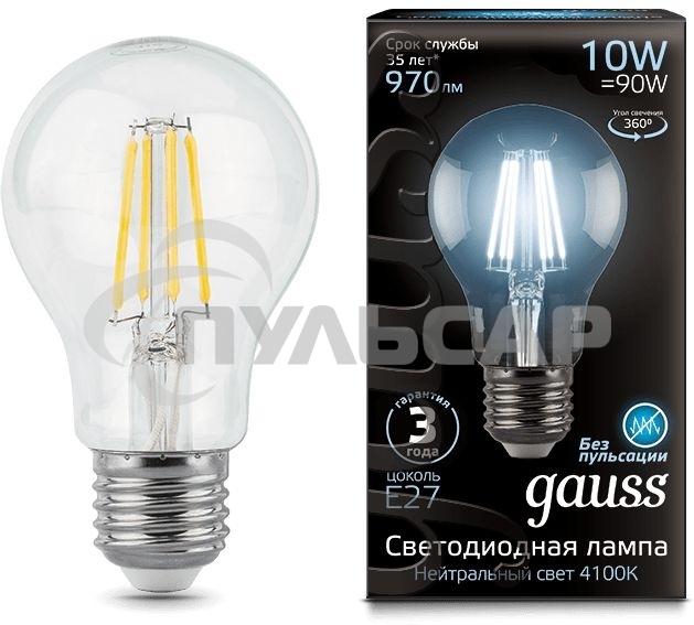 Лампа светодиодная Gauss Filament А60 E27 10Вт 4100К