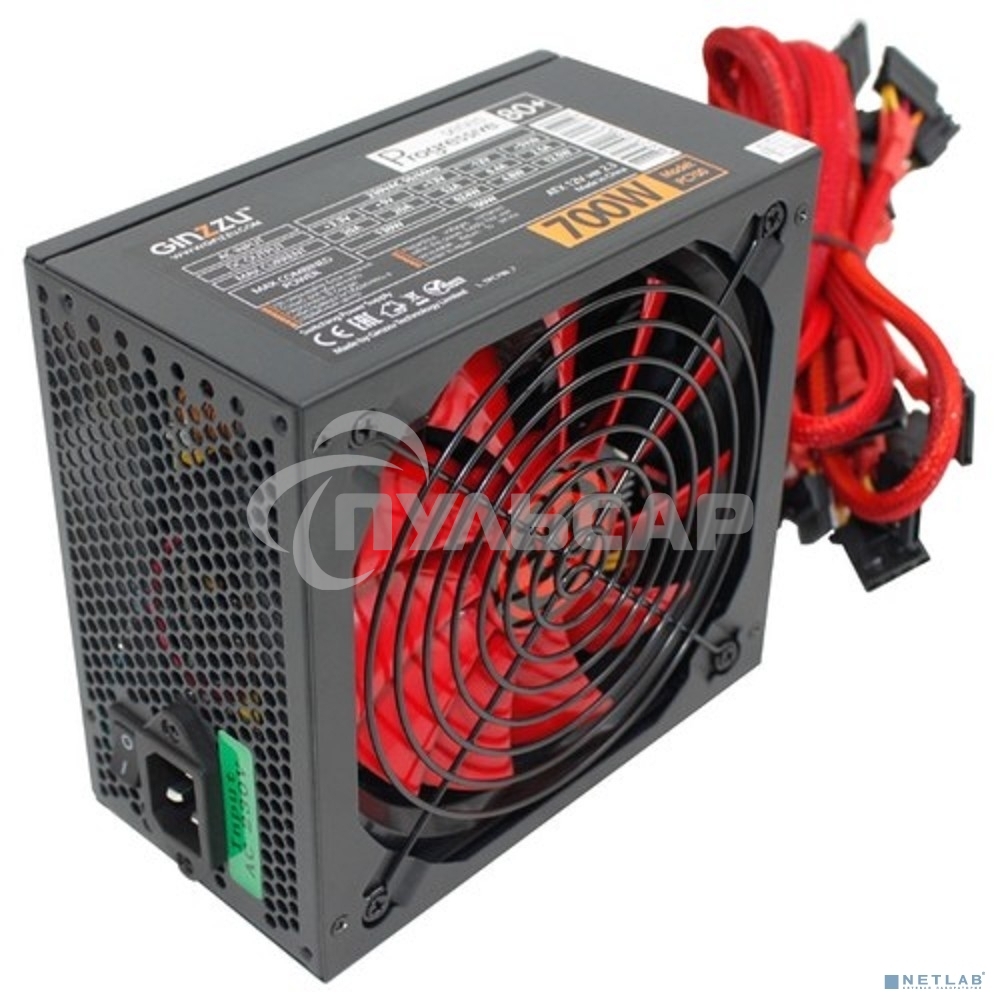 Блок питания Ginzzu PC700 14CM(Red) 80 PLUS black,APFC,24+4p,2 PCI-E(6+2), 7*SATA, 4*IDE,оплетка, кабель питания,цветная коробка