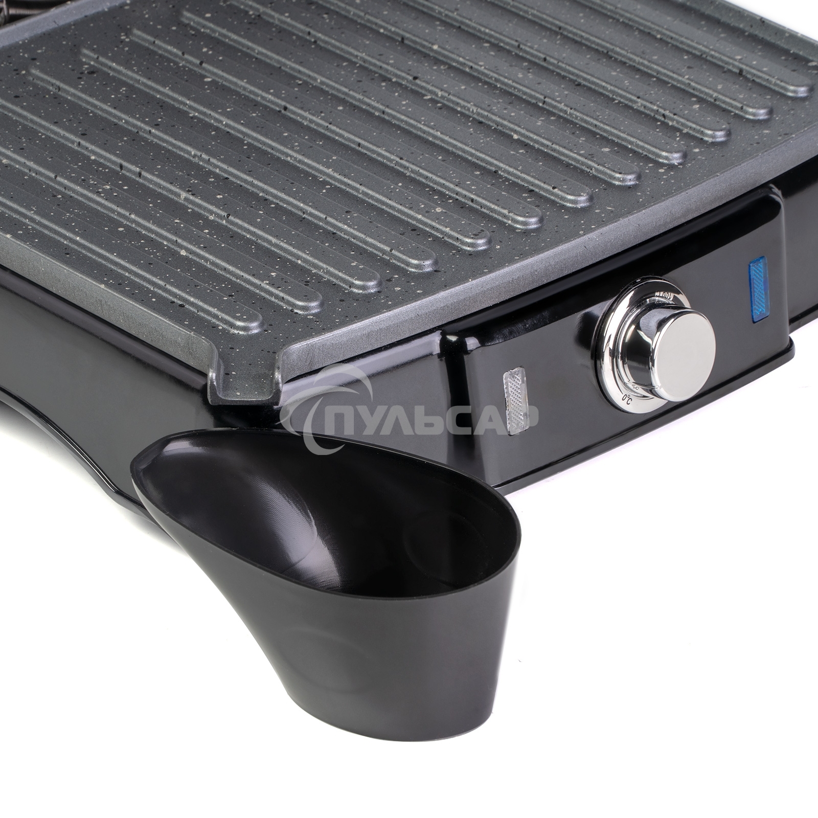 Гриль электрический Galaxy Line GL 2961, черный с серебристым, механическое управление, 2200 Вт, мраморное керамическое покрытие рабочей поверхности, корпус из нержавеющей стали, индикаторы сети и нагрева, регулятор температуры, лопатка и емкости для сбор