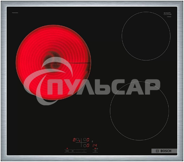 Электрическая варочная панель Bosch PKM645BB2E, стеклокерамическая поверхность, независимая, рамка-сталь, черный 4.8x58.3x51.3