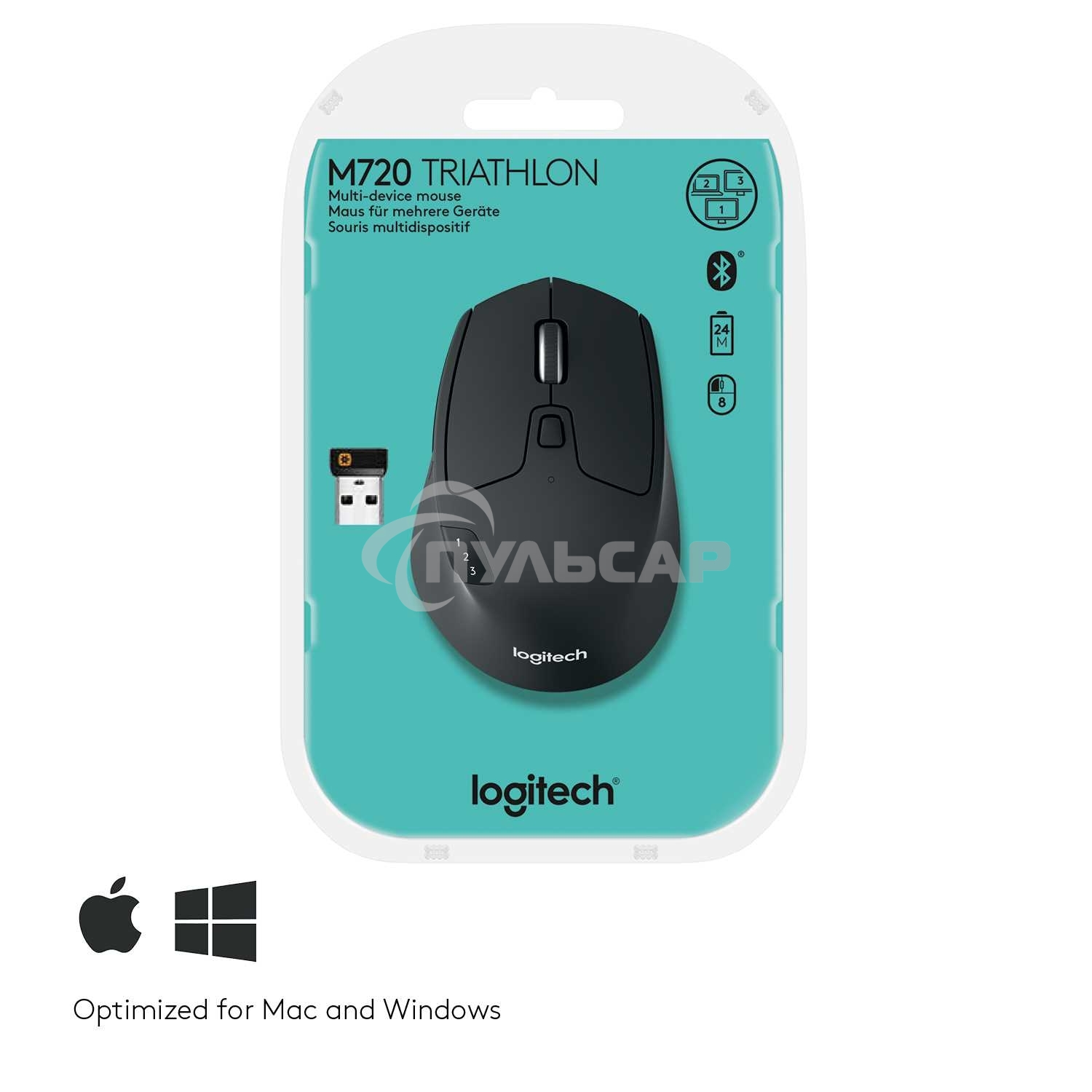 Мышь беспроводная Logitech M720 Triathlon черный, 1000 dpi, радиоканал, Bluetooth, USB, кнопки - 8