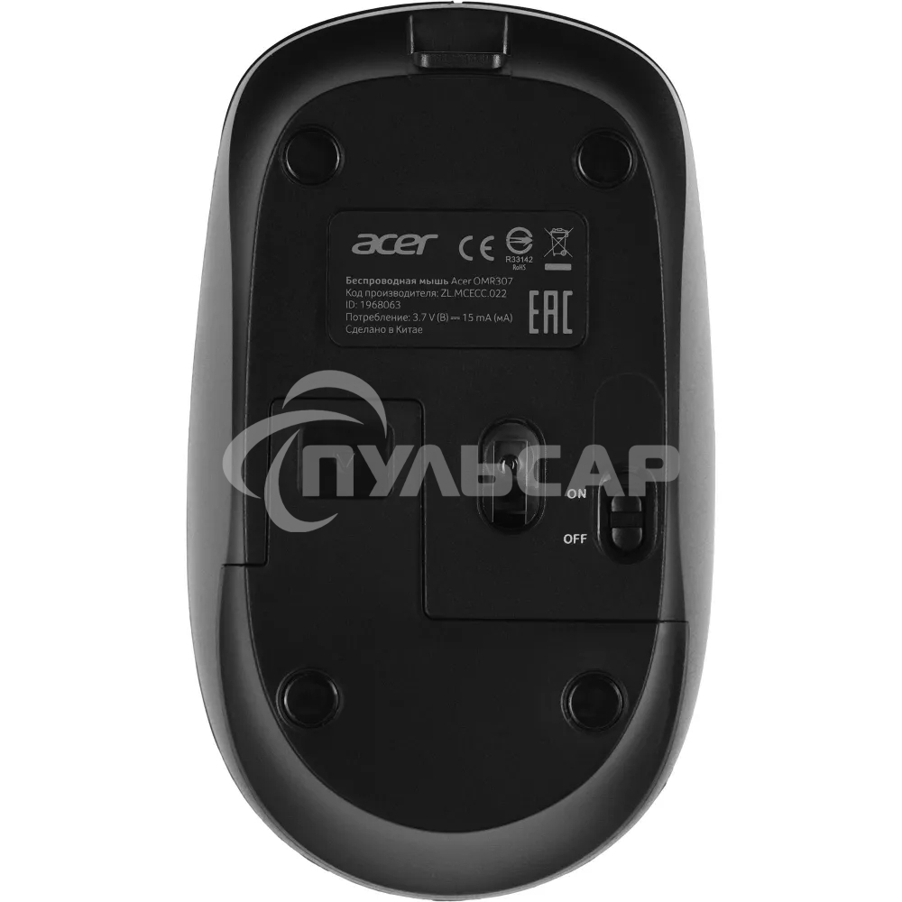 Мышь беспроводная Acer OMR307 черный, 1600 dpi, радиоканал, USB, кнопки - 4