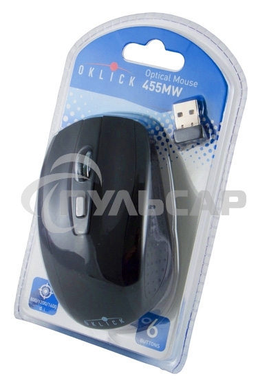 Мышь беспроводная Oklick 455MW черный, 1600 dpi, радиоканал, USB, кнопки - 6
