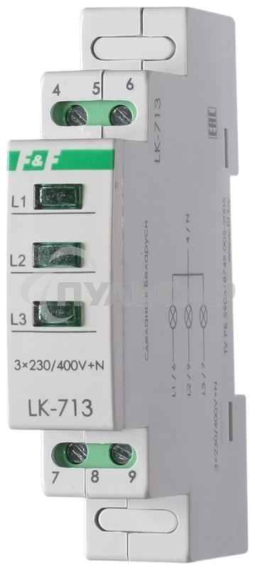 Указатель напряжения LK-713 3 зел. светодиода (сигнализация наличия 3ф 35мм 3х400/230+N IP20 монтаж на DIN-рейке) F&F EA04.007.002