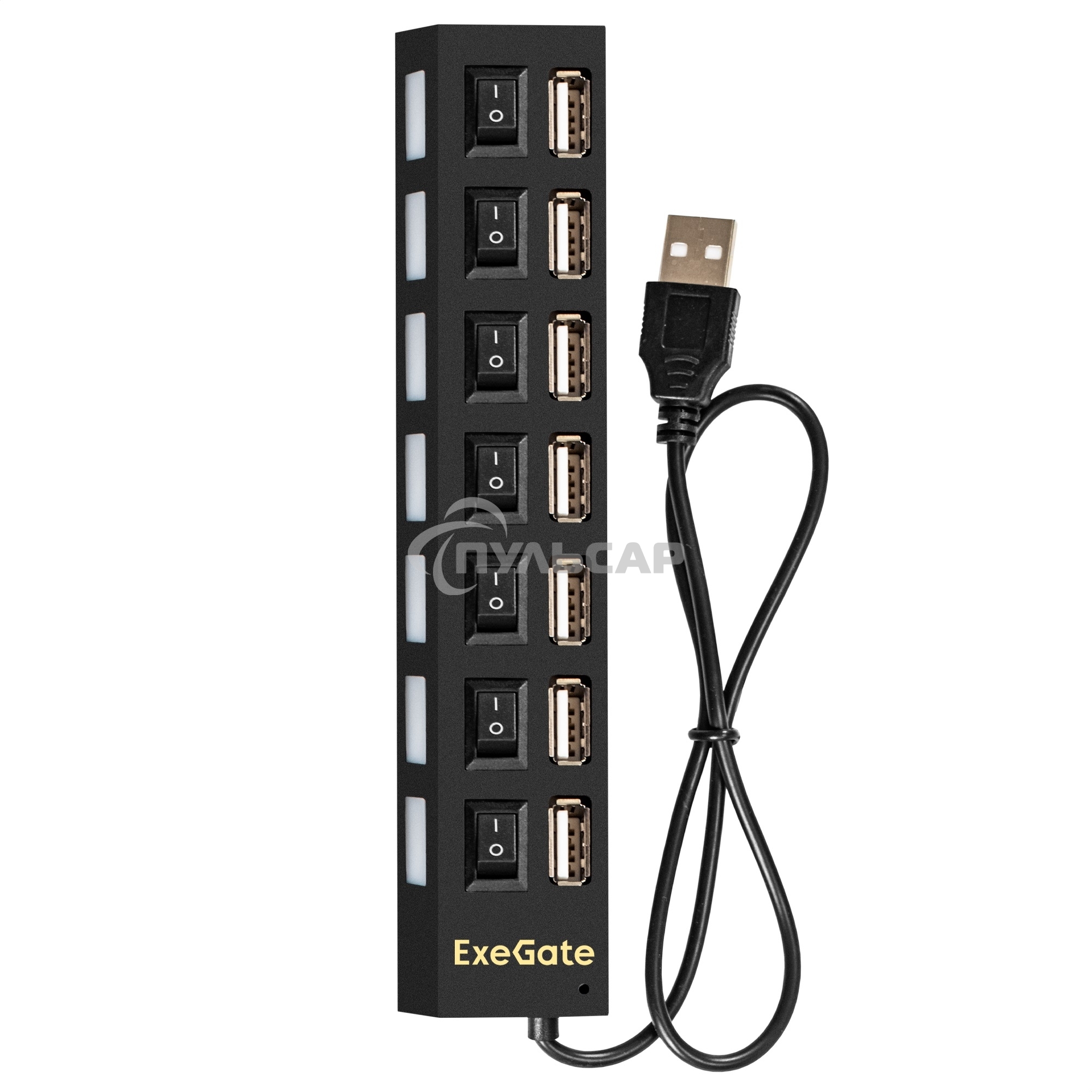 Хаб USB (концентратор) ExeGate EX293978RUS DUB-72SW (кабель-адаптер USB2.0 --> 7xUSB2.0, кнопки включения/отключения для каждого порта, Plug&Play, черный)