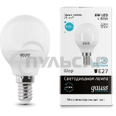 Лампа светодиодная LED Gauss 6Вт E14 220В 4100К Elementary шар 53126