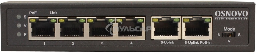 Коммутатор Osnovo SW-20600/D удлинитель FE на 6 портов с питанием по PoE, 4 *10/100 Base-T PoE, 1 *10/100 Base-T Uplink с поддержкой питания по PoE (до 90W), 1 *10/100 Base-T Uplink, PoE на порт - до 30W, суммарно до до 87W