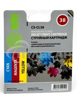 Картридж струйный Cactus CS-CL38 цветной (9 мл.) для Canon Pixma iP1800/iP1900/iP2500/iP2600/MP140/MP190/MP210/MP220/MP470/MX300/MX310