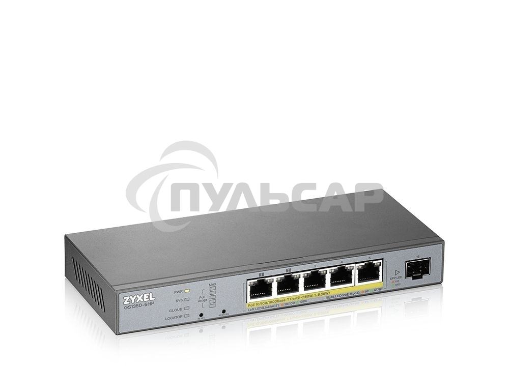 Коммутатор Zyxel GS1350-6HP, 4xGE PoE+, 1xGE PoE++ (802.3bt), 1xSFP, бюджет PoE 60 Вт, дальность передачи питания до 250 м, автоперезагрузка PoE-портов, повышенная защита от перенапряжений и электростатических р
