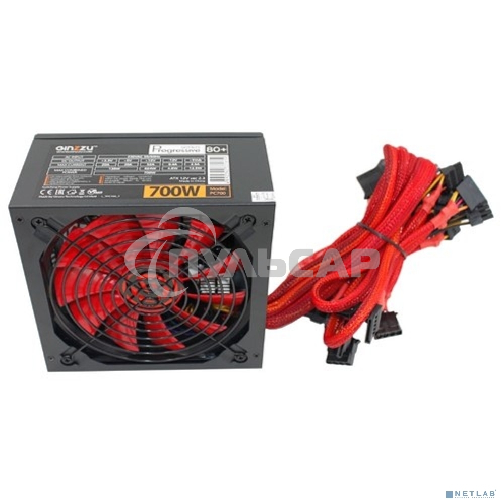 Блок питания Ginzzu PC700 14CM(Red) 80 PLUS black,APFC,24+4p,2 PCI-E(6+2), 7*SATA, 4*IDE,оплетка, кабель питания,цветная коробка