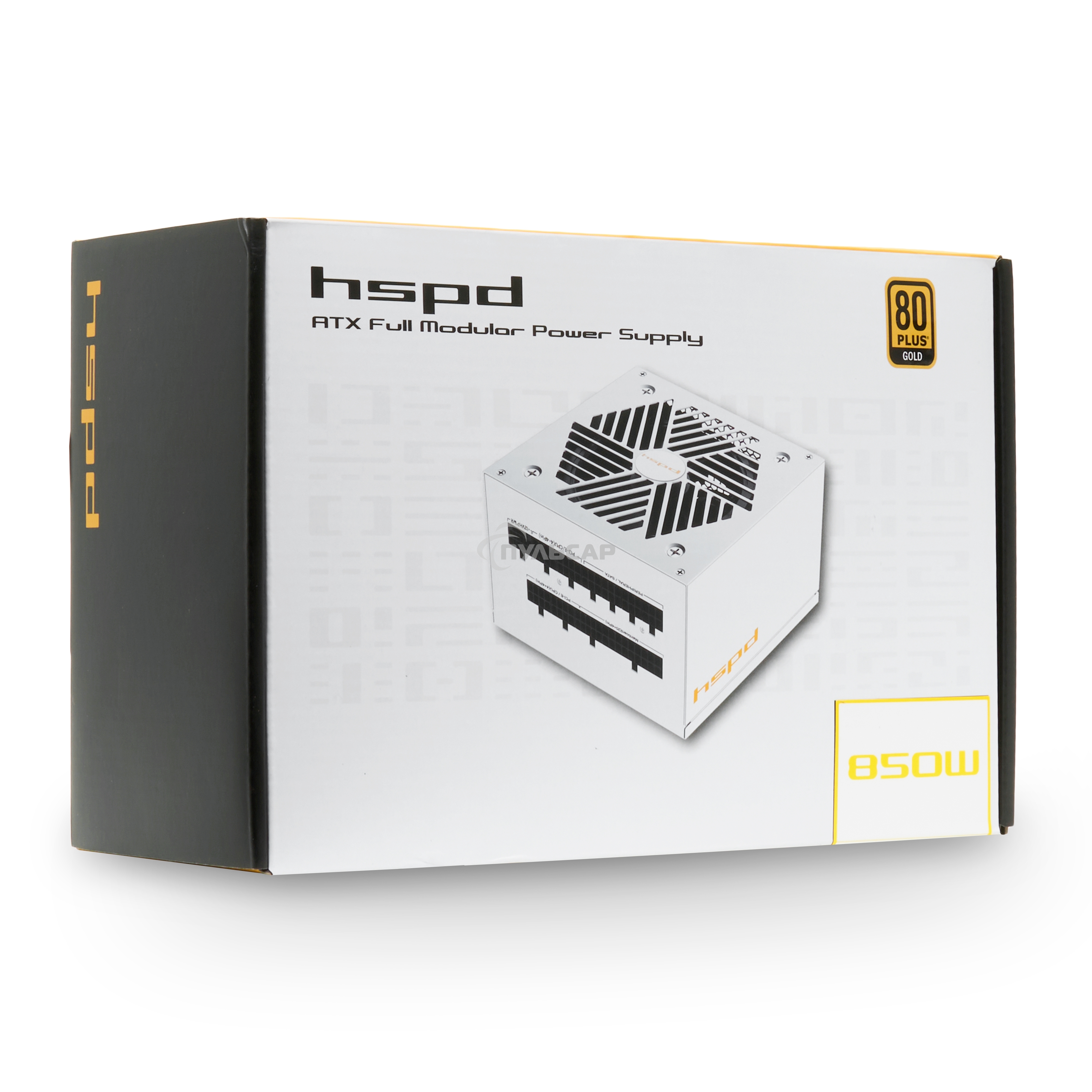Блок питания HSPD, 850W 80 PLUS Gold (ATX, 3.1, PCIe 5.1, Full modular, 1x24(20+4)pin mesh 550мм, 2xCPU 8(4+4)pin 700мм, 2xPCIe*2 8(6+2)pin 600+150мм, 1x12VHPWR PCIe 5.1 12+4pin 600W 600мм, 3xSATA*3 450+150+150мм, 1xMOLEX4pin*3 450+150+150мм, Active, 120x