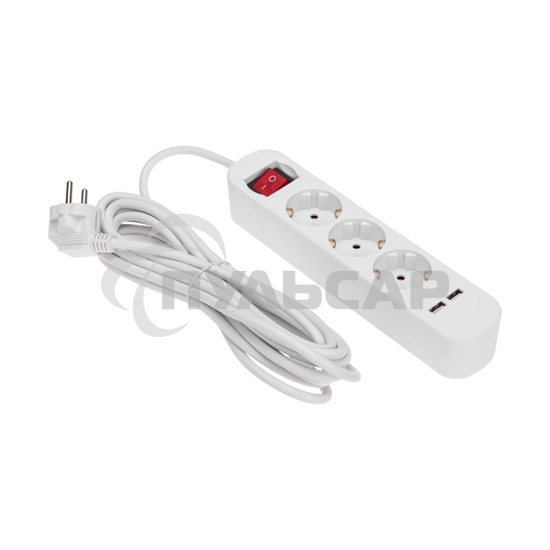 Удлинитель STANDARD 3 гнезда, 5м, 3х1,0мм², с/з, с выключателем, 2 USB, белый Rexant