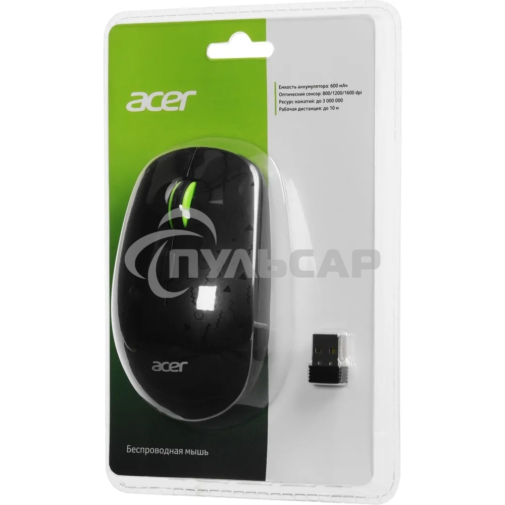 Мышь беспроводная Acer OMR307 черный, 1600 dpi, радиоканал, USB, кнопки - 4