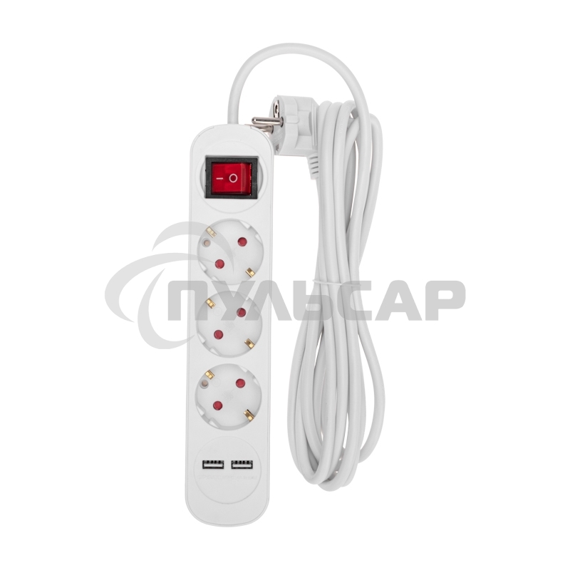 Удлинитель STANDARD 3 гнезда, 3м, 3х1,0мм², с/з, с выключателем, 2 USB, белый Rexant