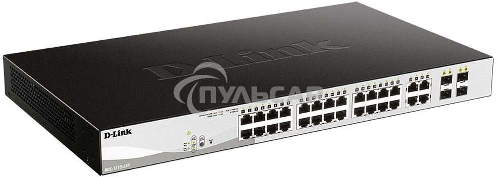 Коммутатор D-Link DGS-1210-28P/FL1A, L2 Managed Switch with 24 10/100/1000Base-T ports and 4 100/1000Base-T/SFP combo-ports (24 PoE ports 802.3af/802.3at (30 W), PoE Budget 193 W).8K Mac address, 802.3x Flow Co