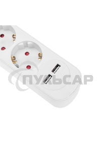 Удлинитель STANDARD 3 гнезда, 3м, 3х1,0мм², с/з, с выключателем, 2 USB, белый Rexant