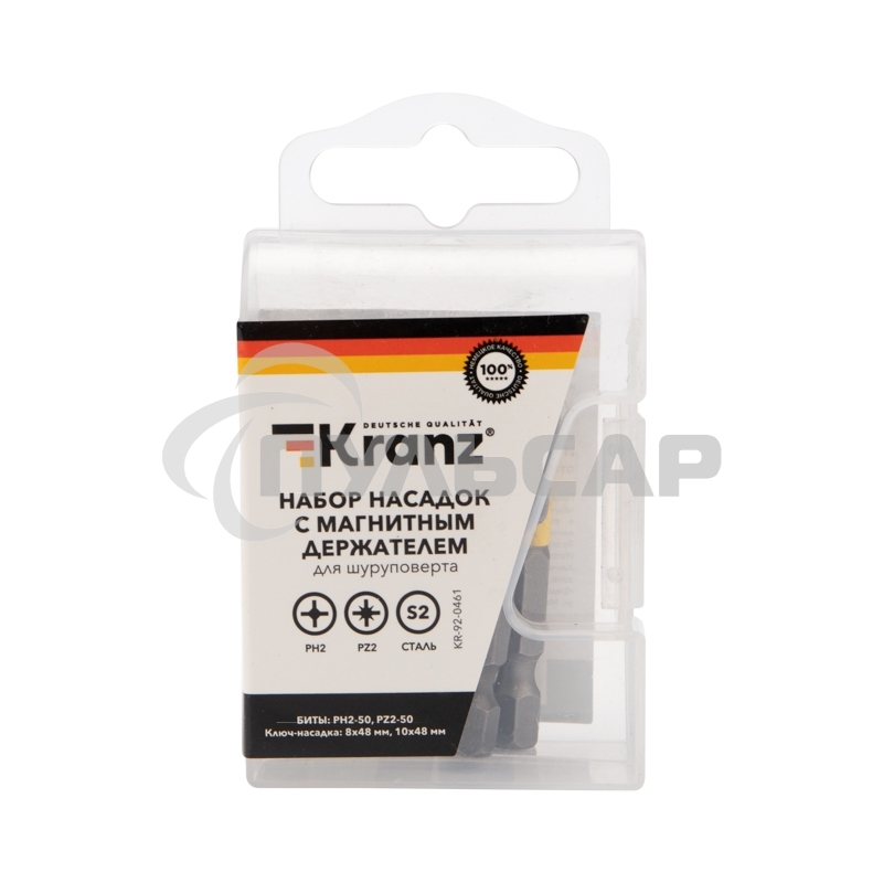 Набор насадок на шуруповерт KRANZ PH2, PZ2 с магнитным держателем 50 мм, головка 8 мм, 10 мм (5 шт./уп.)