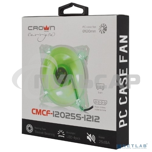 Вентилятор для корпуса Crown CMCF-12025S-1212 прозрачный/зеленый, 120 мм, 1650 об/мин, 28 дБ, 3 pin