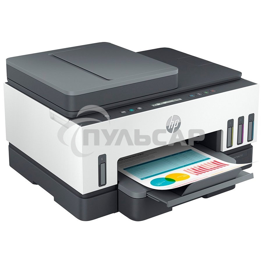 МФУ струйное HP Smart Tank 750 AiO, А4, цветной, печ. до 15/9 стр/мин., скан. до 8 стр/мин., 4800x1200 dpi (печ.), 1200x1200 dpi (скан.), Bluetooth, USB, Wi-Fi