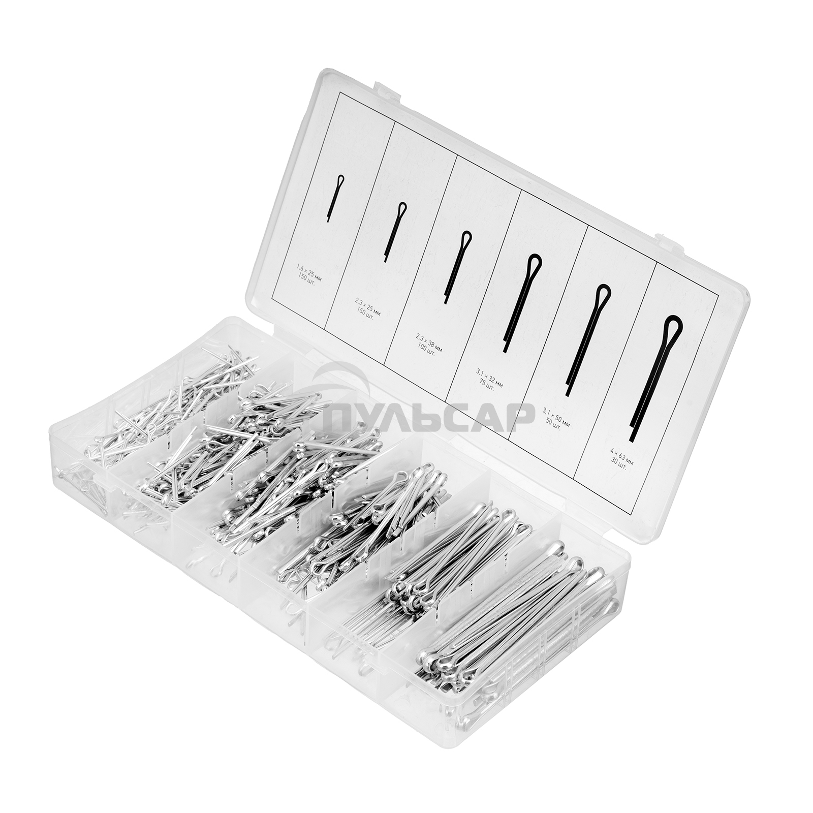 Набор шплинтов СИБРТЕХ, S головки х L: 1,6x25, 2,3x25, 2,3x38, 3,1x32, 3,1x50, 4x63 мм, 555 предм. СИБРТЕХ 47604