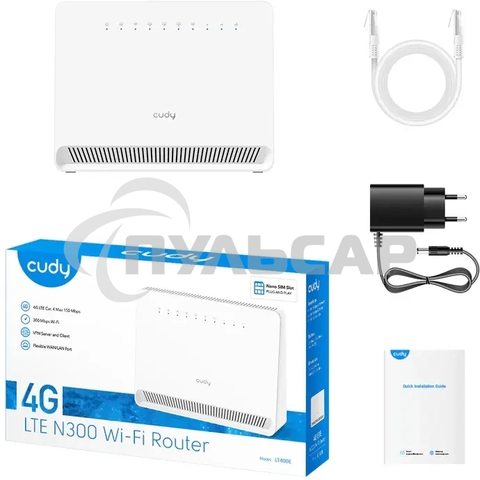 Маршрутизатор N300 Wi-Fi 4G LTE Cat.4 Router, build-in 4G LTE modem, 4 10/100M RJ45 Ports, Nano SIM Slot, 300Mbps at 2.4GHz, Internal antennas, PPTP/L2TP/OpenVPN/WireGuard VPN, DNS over Cloudflare/Google/Quad9, DDNS, SMS, Band locking, TR069/TR098/TR111/T