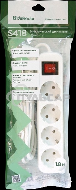 Удлинитель Defender S418 белый 1.8 м, 4 розетки 