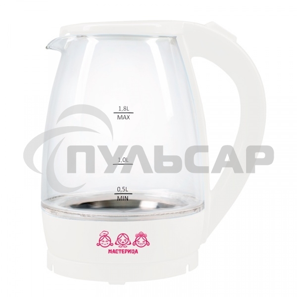 Чайник электрический Мастерица ЕК-1801G, снег, 1,8л, стекло, 1850 Вт