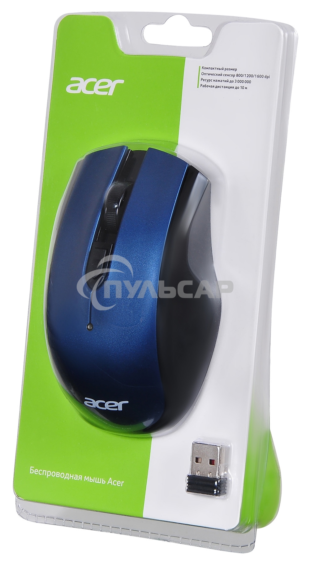 Мышь беспроводная Acer OMR031 черный/синий, 1600 dpi, радиоканал, USB, кнопки - 4