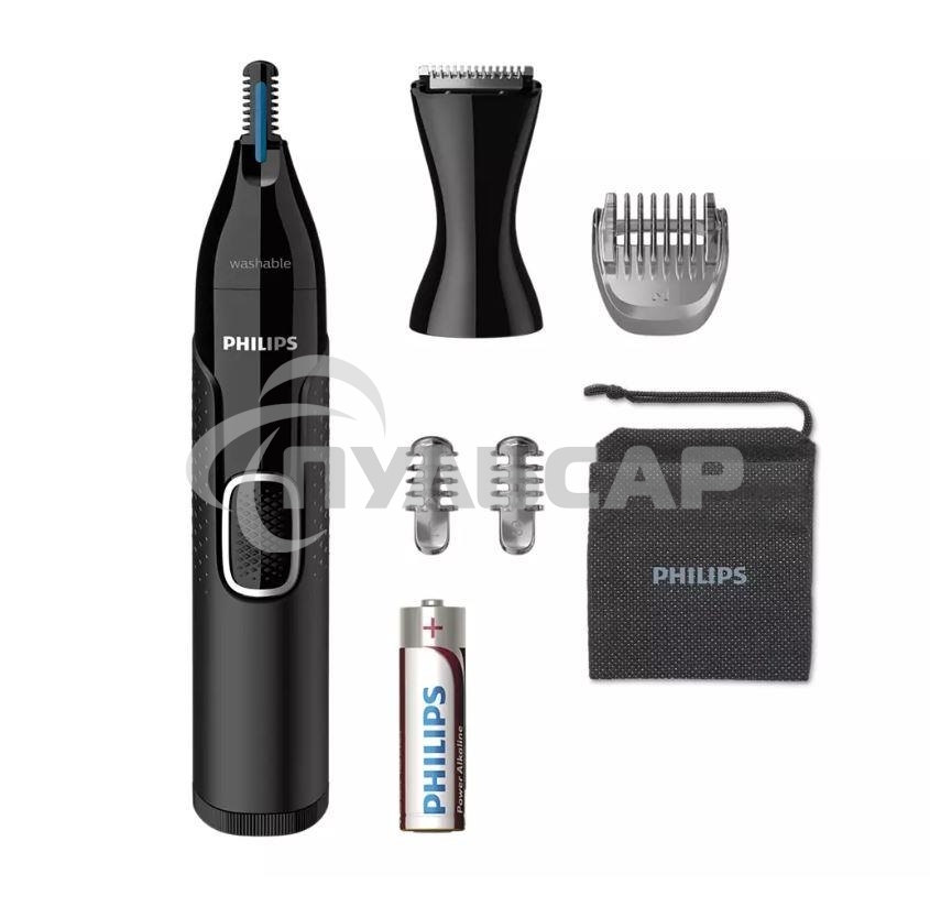 Триммер Philips для носа и ушей, черный, корпус - пластик, 3 насадки-гребня, насадка - триммер, щеточка для очистки, мягкий чехол, батарейка