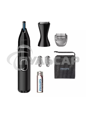 Триммер Philips для носа и ушей, черный, корпус - пластик, 3 насадки-гребня, насадка - триммер, щеточка для очистки, мягкий чехол, батарейка