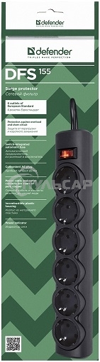Сетевой фильтр Defender DFS 155 / 6 розеток / черный / 5.0 м