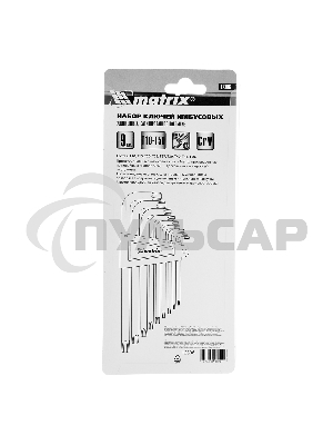 Набор ключей Matrix имбусовых TORX, 9 шт: T10-T50, CrV, удлиненные, сатин.